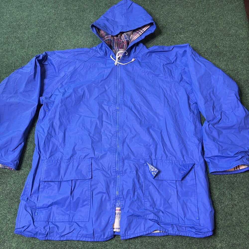 VTG MISTY HARBOR Blue Hooded Waterproof Rain Jacket Sz Large Plaid Flannel Lined